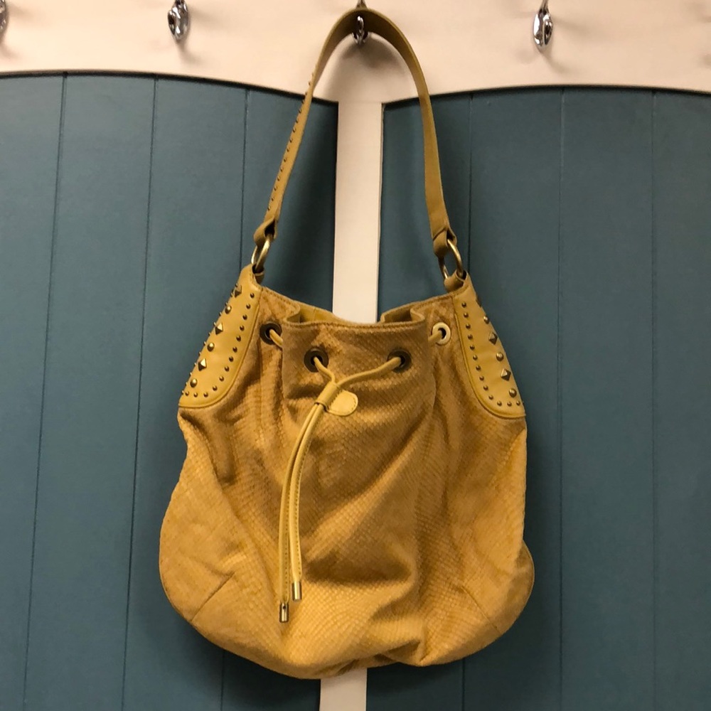 Donald J. Pliner studded leather mustard‎ yellow shoulder bag purse 14” x 14”